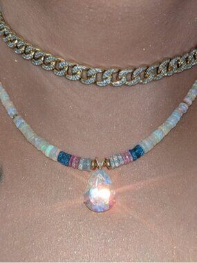 14k  10k Gold Mystic Fairy Tears Pendant Opal, Pink Blue Topaz Beaded Necklace